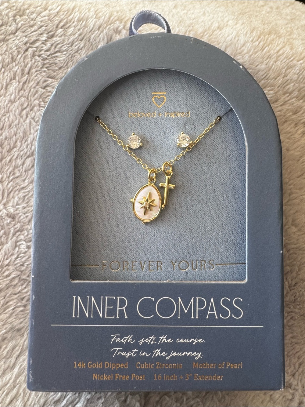 Inner Compass 14k Gold Dipped Cross Pendant Necklace w/ Round Cut CZ Earrings